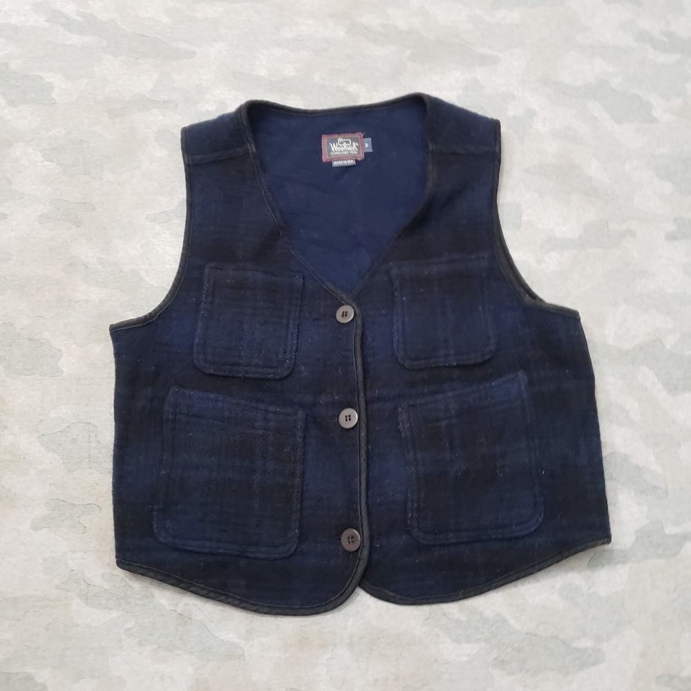 Vintage Woolrich Vest Womens Medium Blue Plaid Wool Blend Button USA